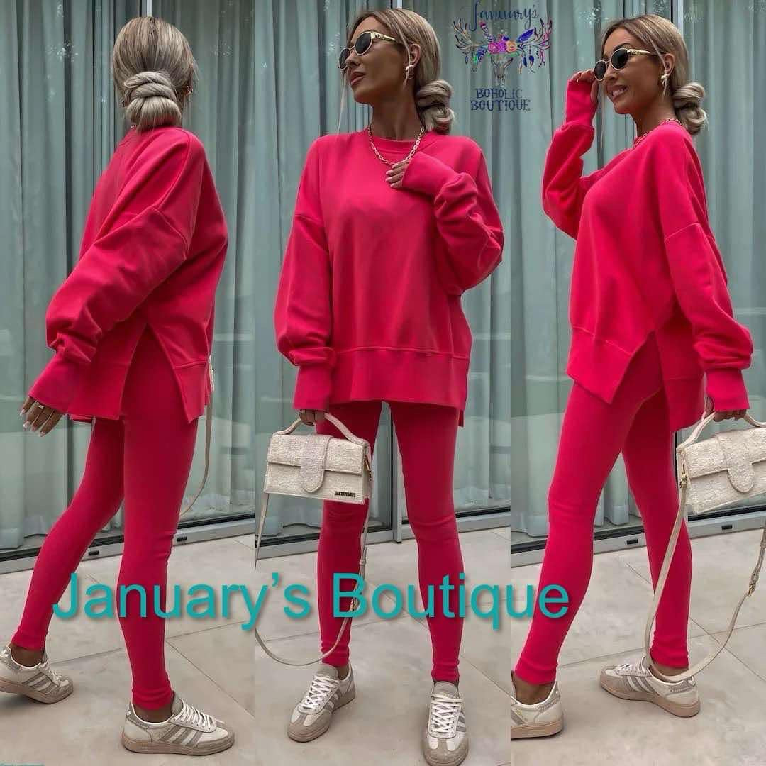 Red Two-piece Set Women's Solid Drop Shoulder Split Hem Sweatshirt & Leggings,