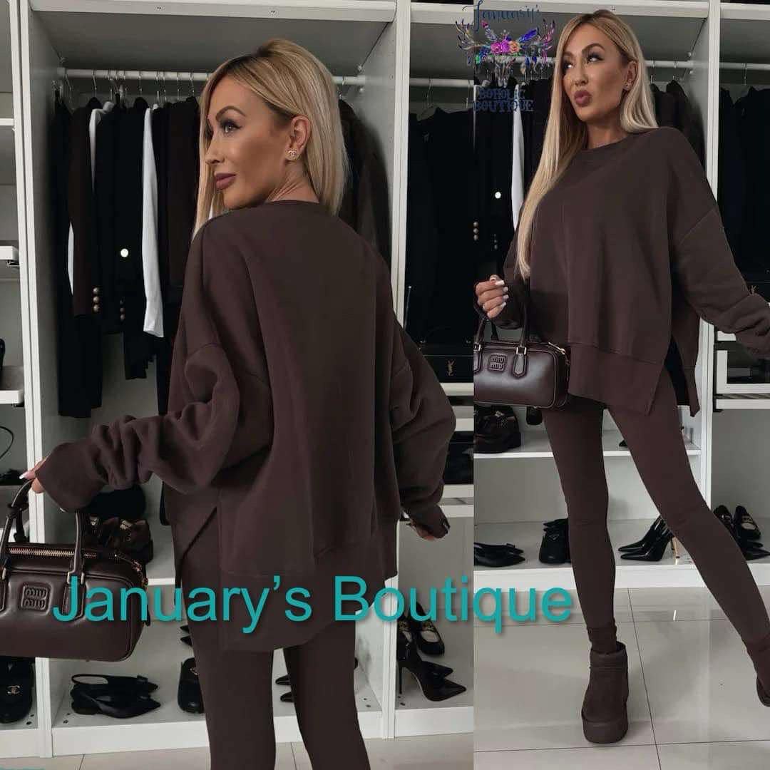 Brown Two-piece Set Women's Solid Drop Shoulder Split Hem Sweatshirt ...