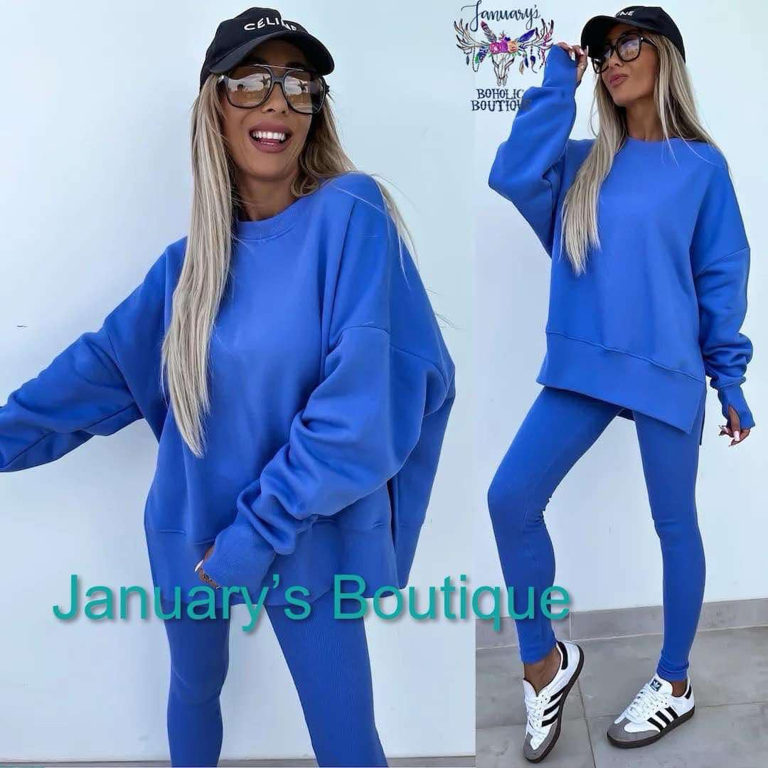 Blue Two-piece Set Women's Solid Drop Shoulder Split Hem Sweatshirt & Leggings.