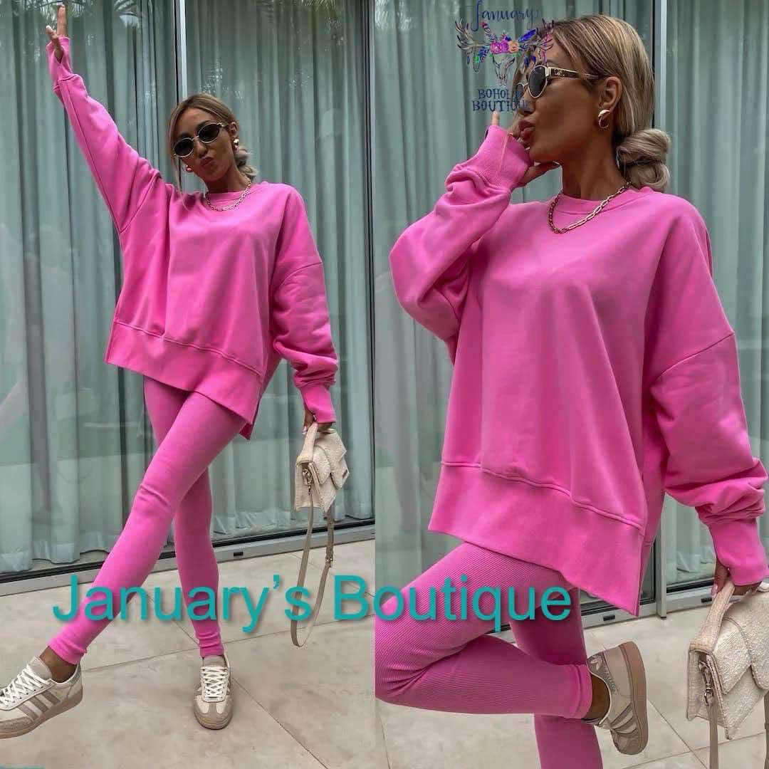 Pink Two-piece Set Women's Solid Drop Shoulder Split Hem Sweatshirt & Leggings.