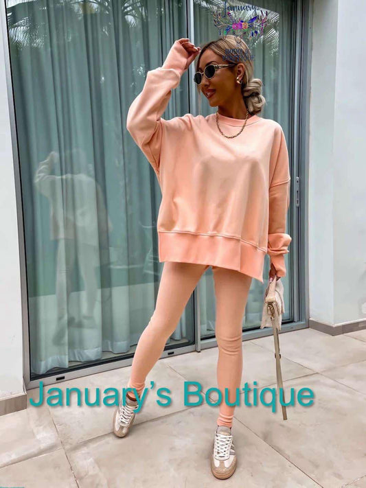 Orange Two-piece Set Women's Solid Drop Shoulder Split Hem Sweatshirt & Leggings.