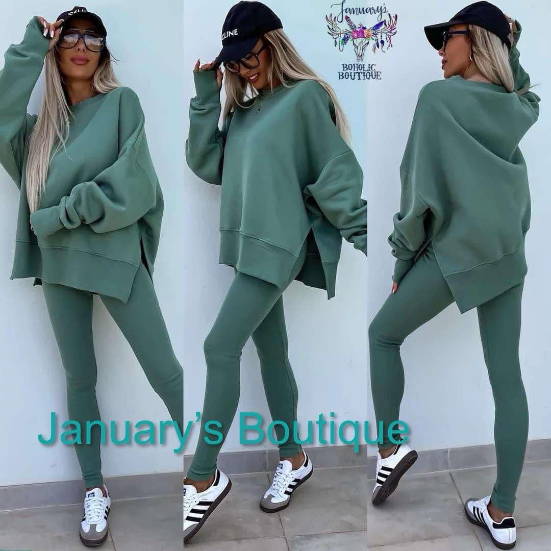 Green Two-piece Set Women's Solid Drop Shoulder Split Hem Sweatshirt & Leggings,