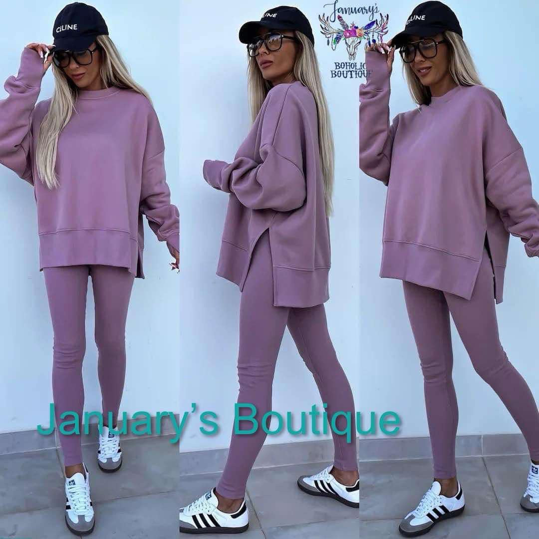 Purple Two-piece Set Women's Solid Drop Shoulder Split Hem Sweatshirt & Leggings,