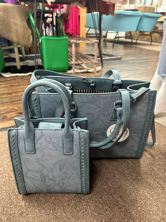 Mommy and Me Matching Blue Floral Embossed Bags