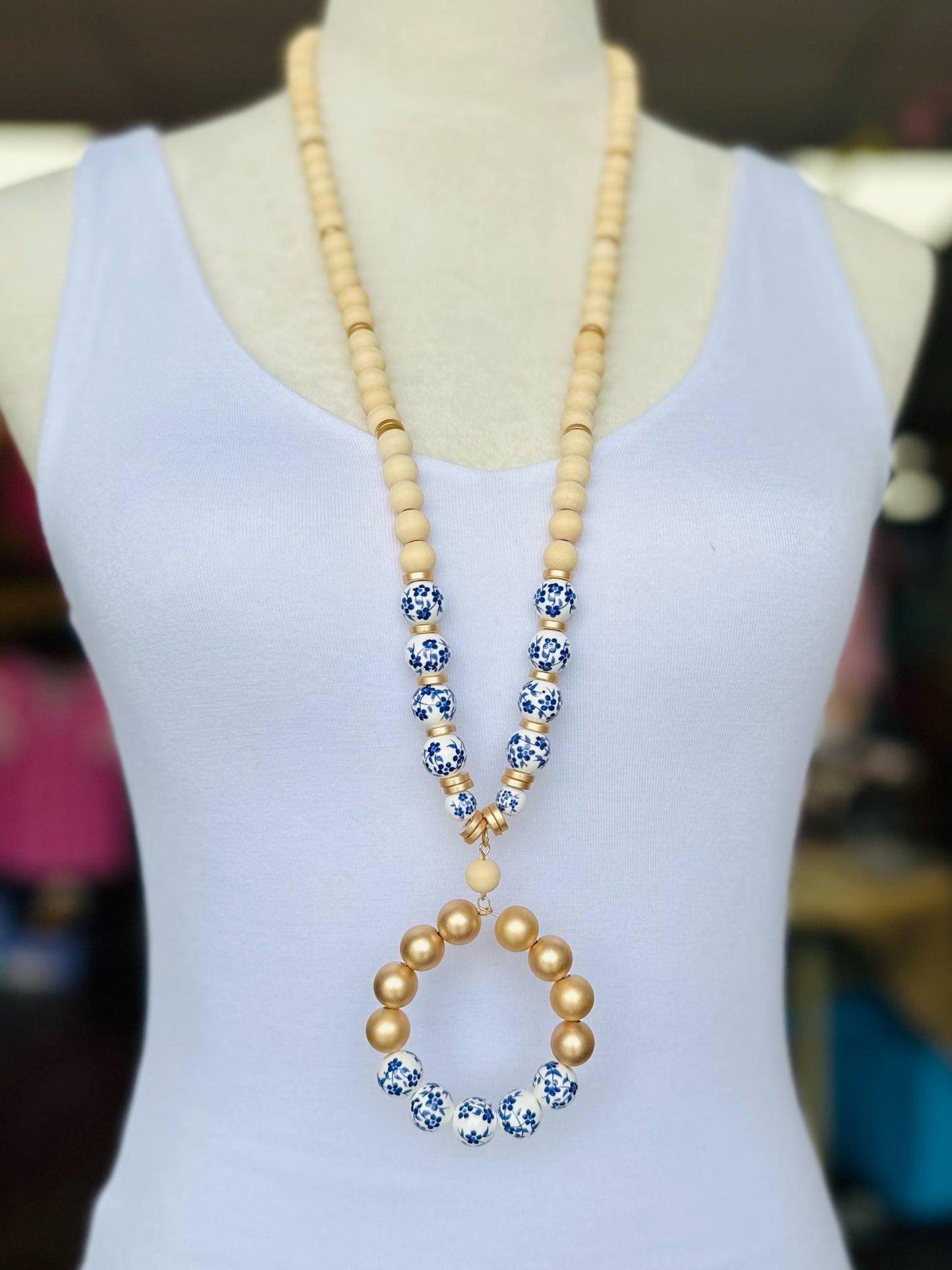 Blue Floral Long Wooden Necklace