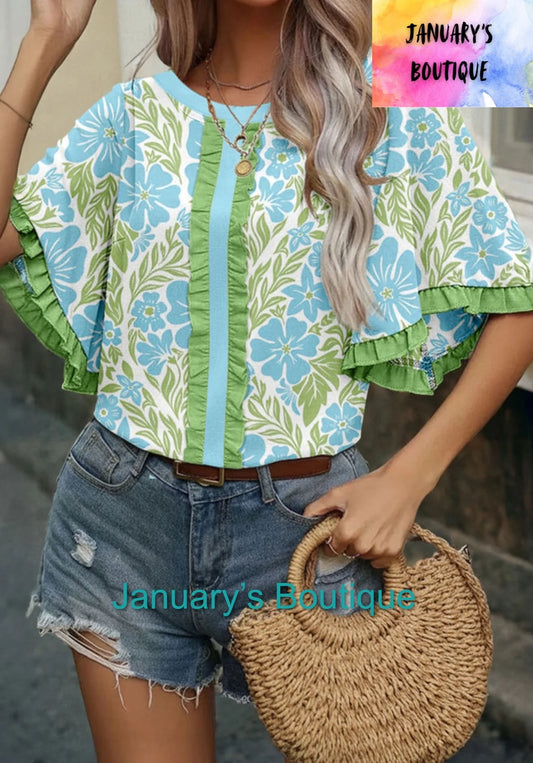Women’s Plus Green & Blue Floral Top