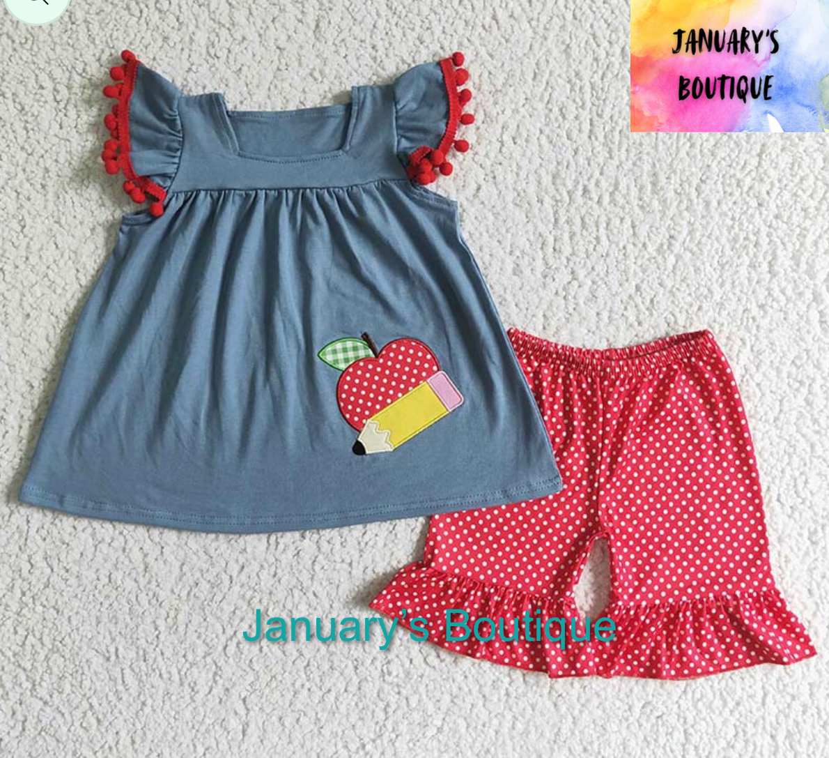 Girl’s Embroidered Apple Pencil Shorts Set