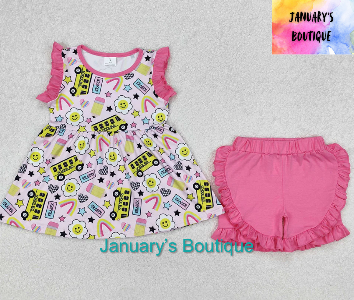 Girl’s School Bus Shorts Set