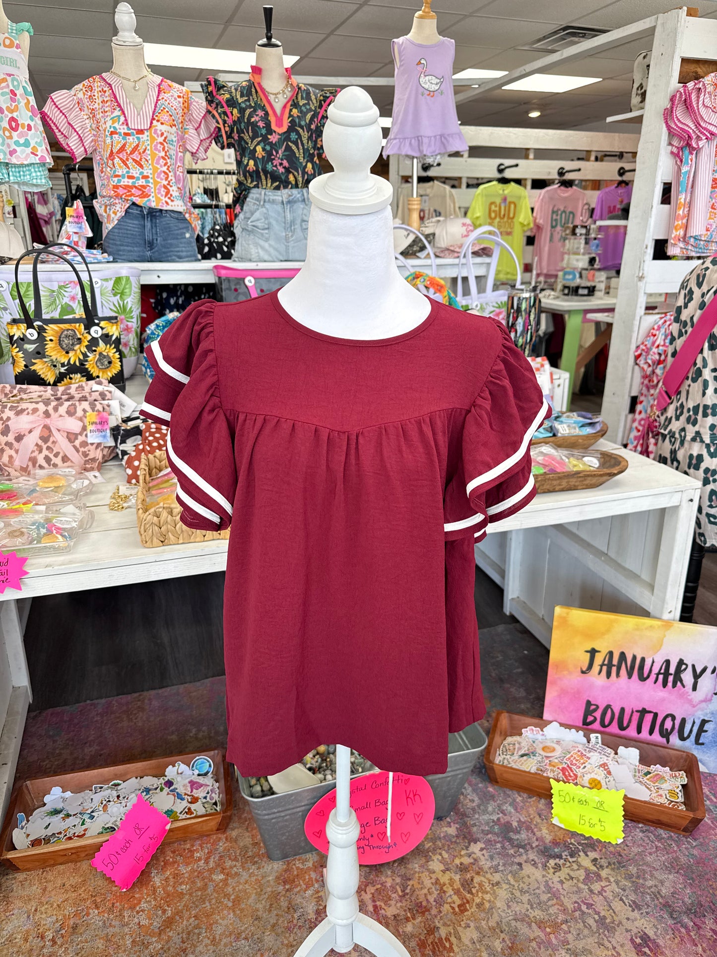 Women’s Burgundy Ruffle Sleeve Top