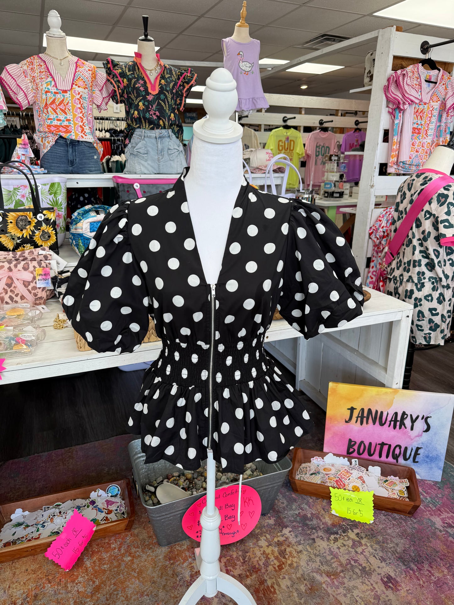 Women’s Black Polka Dot Cinch Waist Top