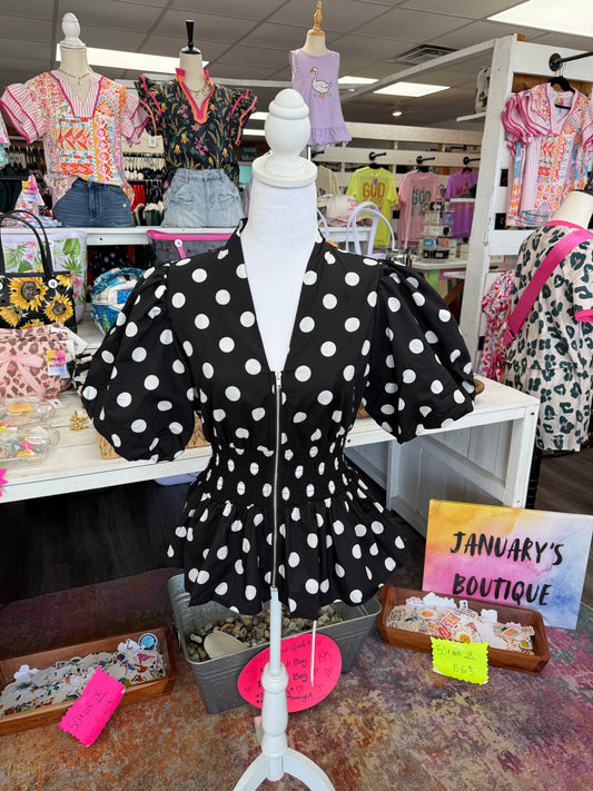 Women’s Black Polka Dot Cinch Waist Top