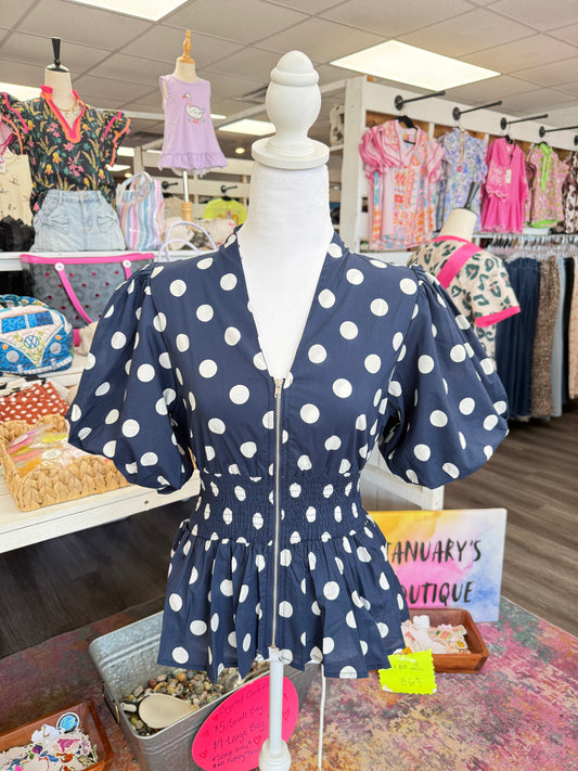 Women’s Navy Polka Dot Cinch Waist Top