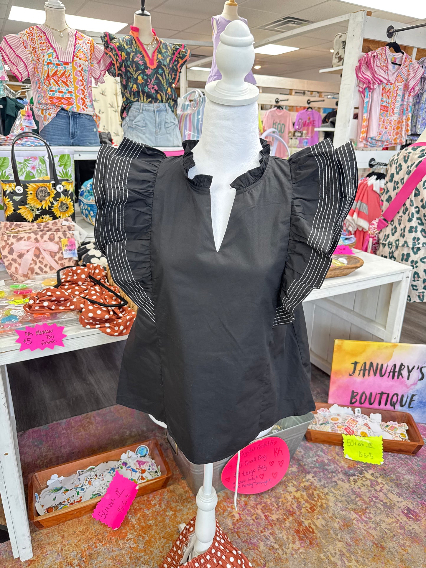 Women’s Black Ruffled Embroidered Top
