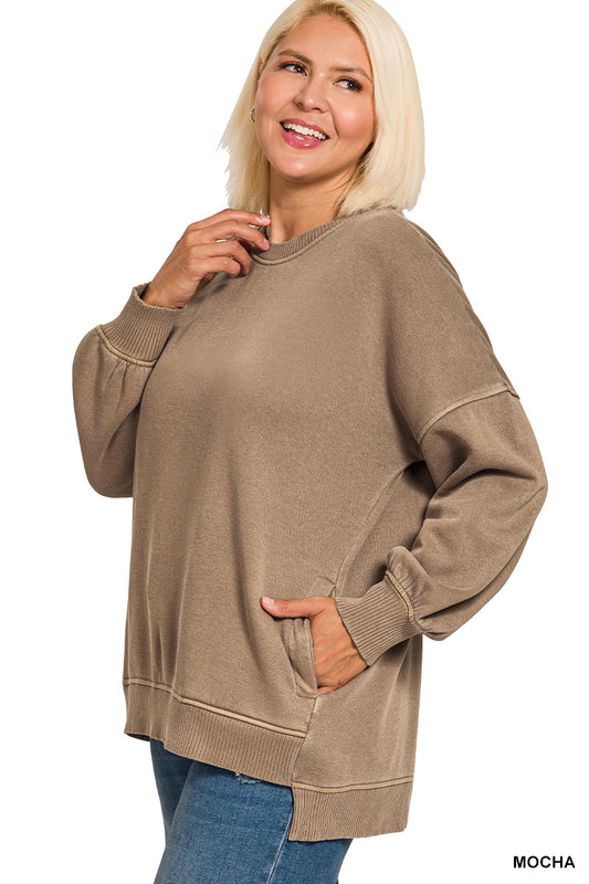 Women’s Plus Acid Washed Pullover~Mocha