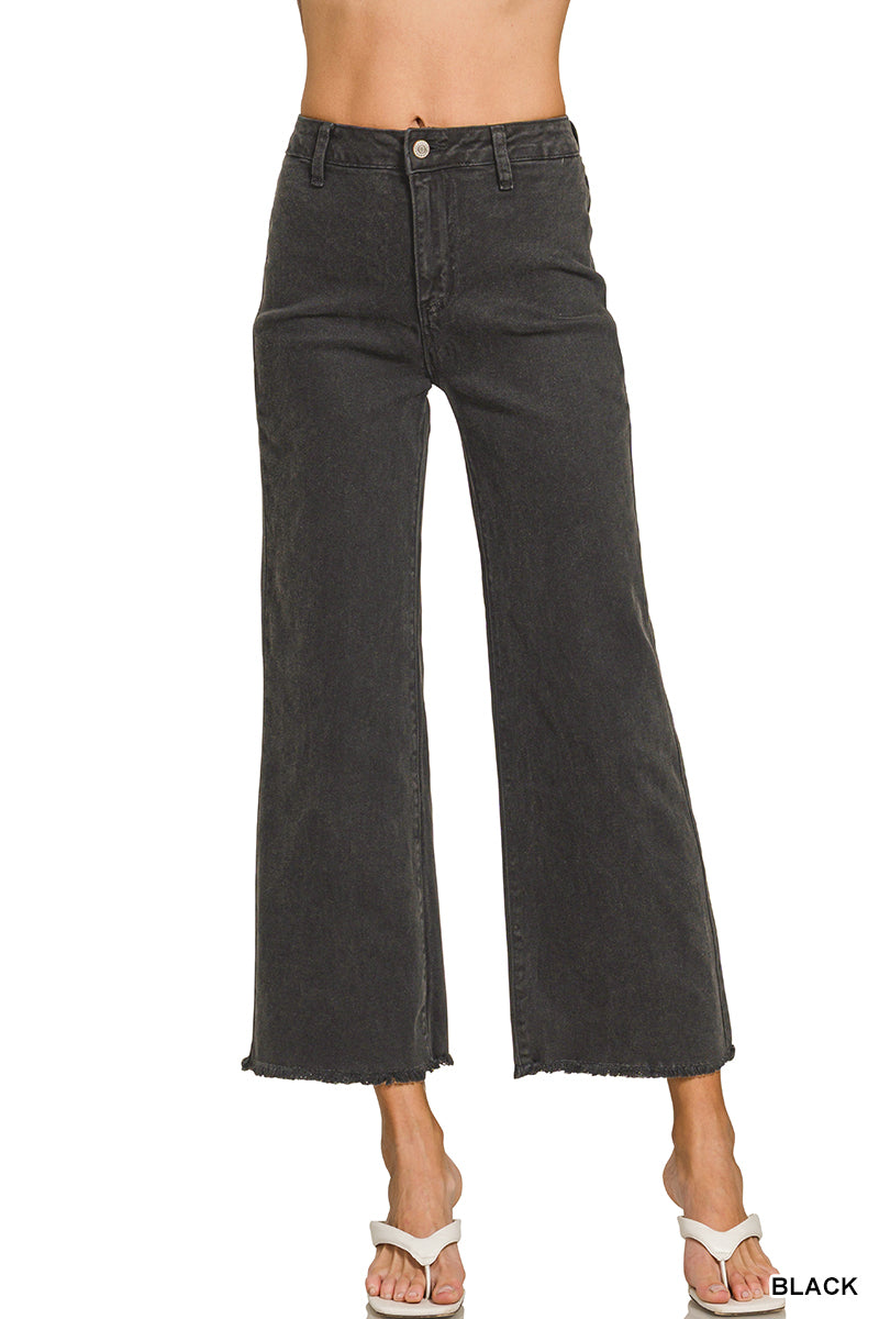 Women’s Black Acid Washed Frayed Cutoff Hem Straight Wide Pants