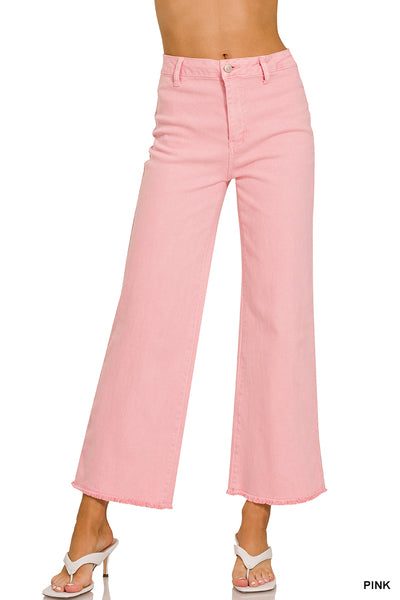 Women’s Pink Acid Washed Frayed Cutoff Hem Straight Wide Pants