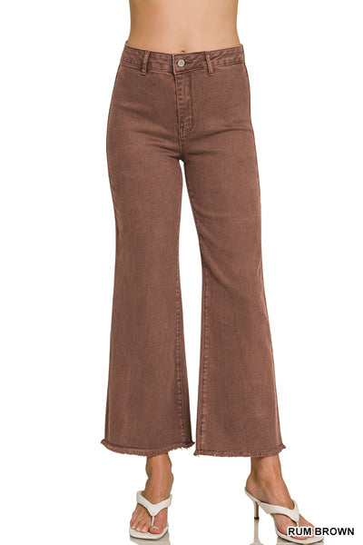 Women’s Rum Brown Acid Washed Frayed Cutoff Hem Straight Wide Pants