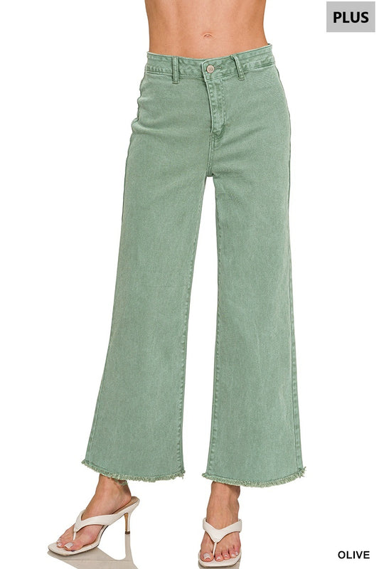 Women’s Plus Olive Acid Washed Frayed Cutoff Hem Straight Wide Pants