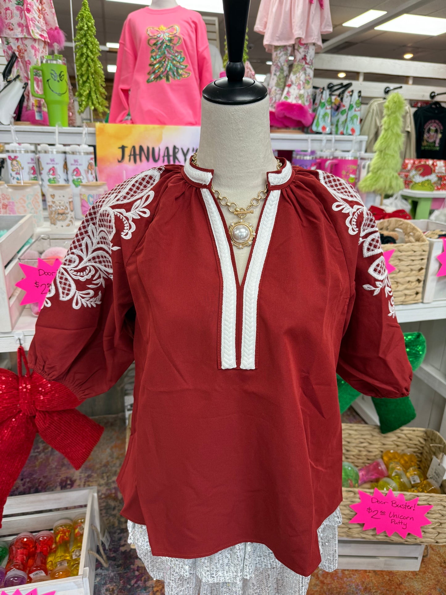 Women’s Burgundy Embroidered Top