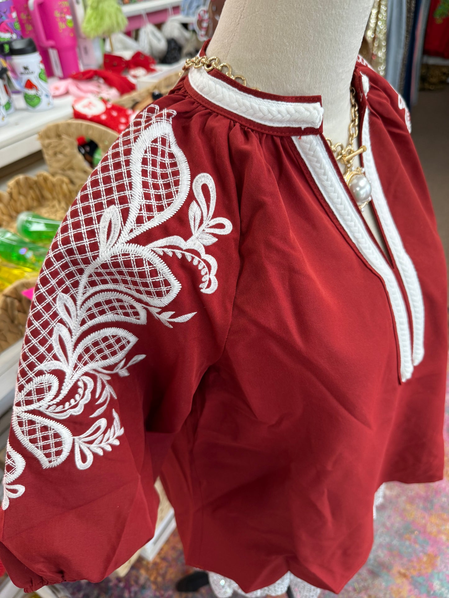 Women’s Burgundy Embroidered Top