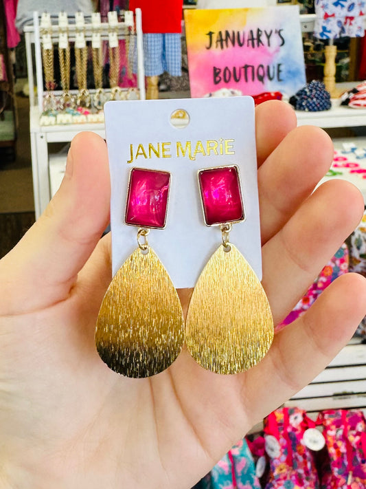 Jane Marie Gold Teardrop Earrings with Pink Stone