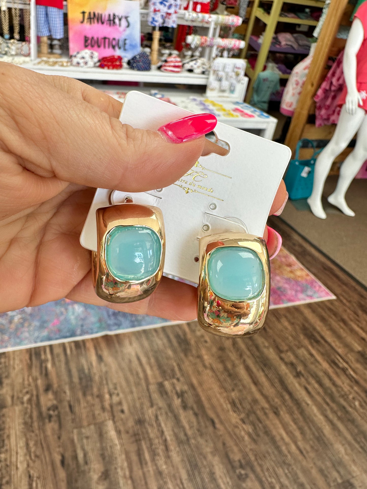 Women’s Gold Hoops With Blue Square Stone Earrings