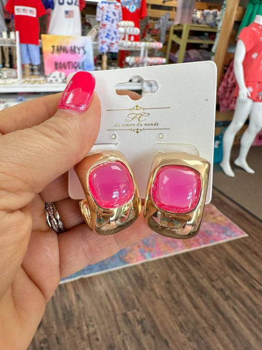 Women’s Gold Hoops With Pink Square Stone Earrings