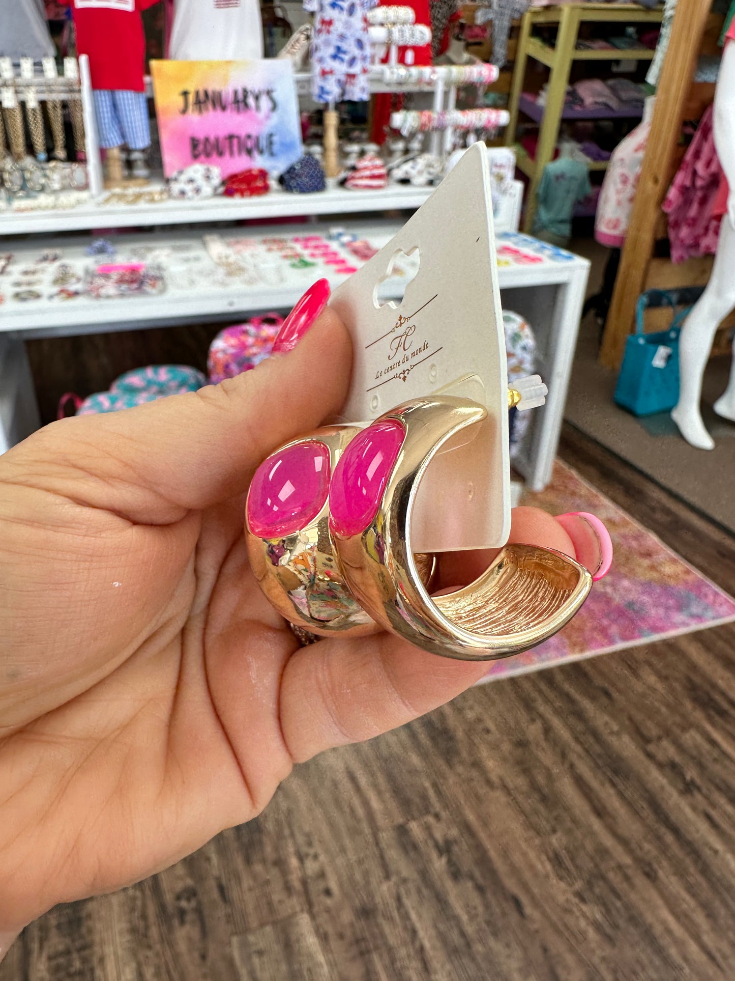 Women’s Gold Hoops With Pink Square Stone Earrings