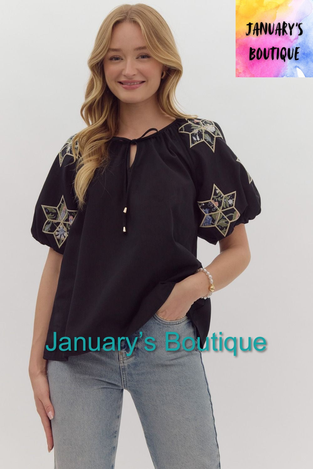 Women’s Entro Black Embroidered Top
