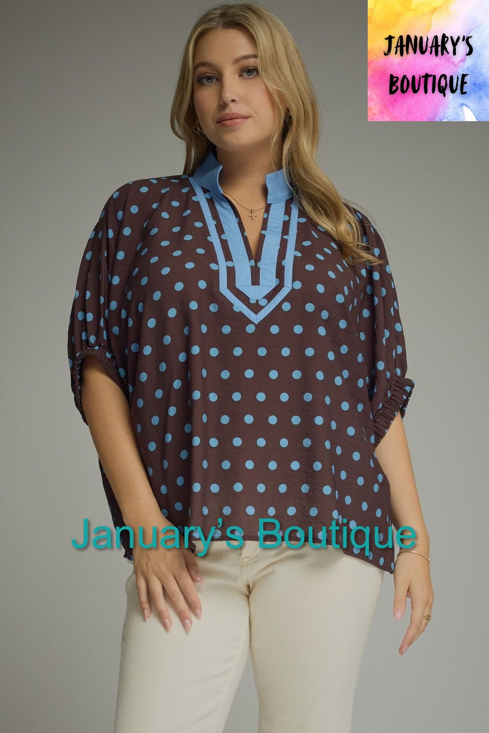 Women’s Plus Entro Brown Polka Dot Top