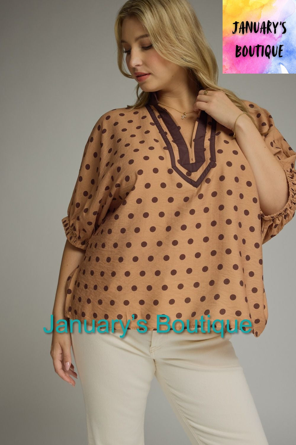 Women’s Entro Camel Polka Dot Top