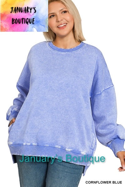Women’s Plus Acid Washed Pullover~Cornflower Blue