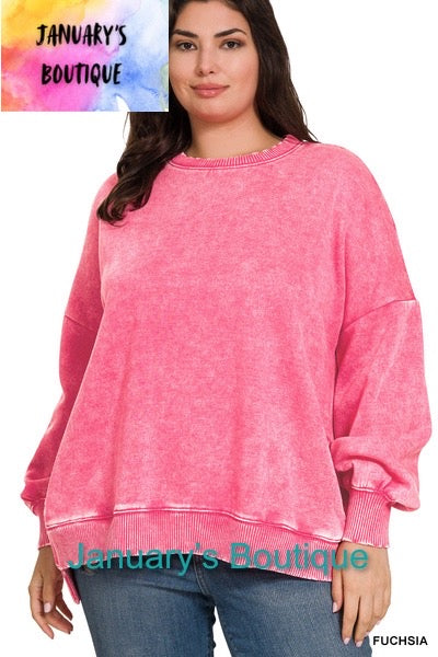 Women’s Plus Acid Washed Pullover~Fuchsia