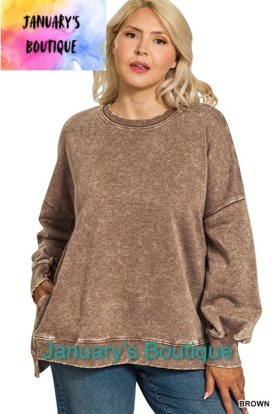 Women’s Plus Acid Washed Pullover~Brown