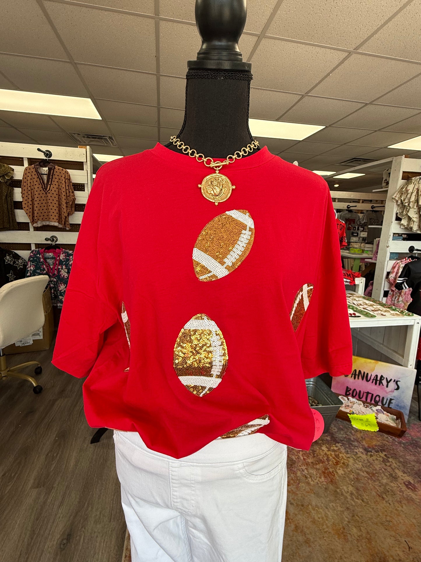 Women’s Red Sequin Football Top