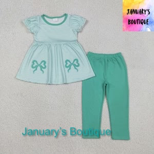 Girl’s Mint Stripes & Bows Pants Set