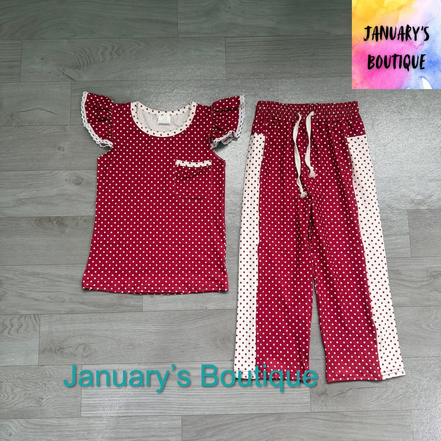 Girl’s Burgundy Polka Dot Pant Set