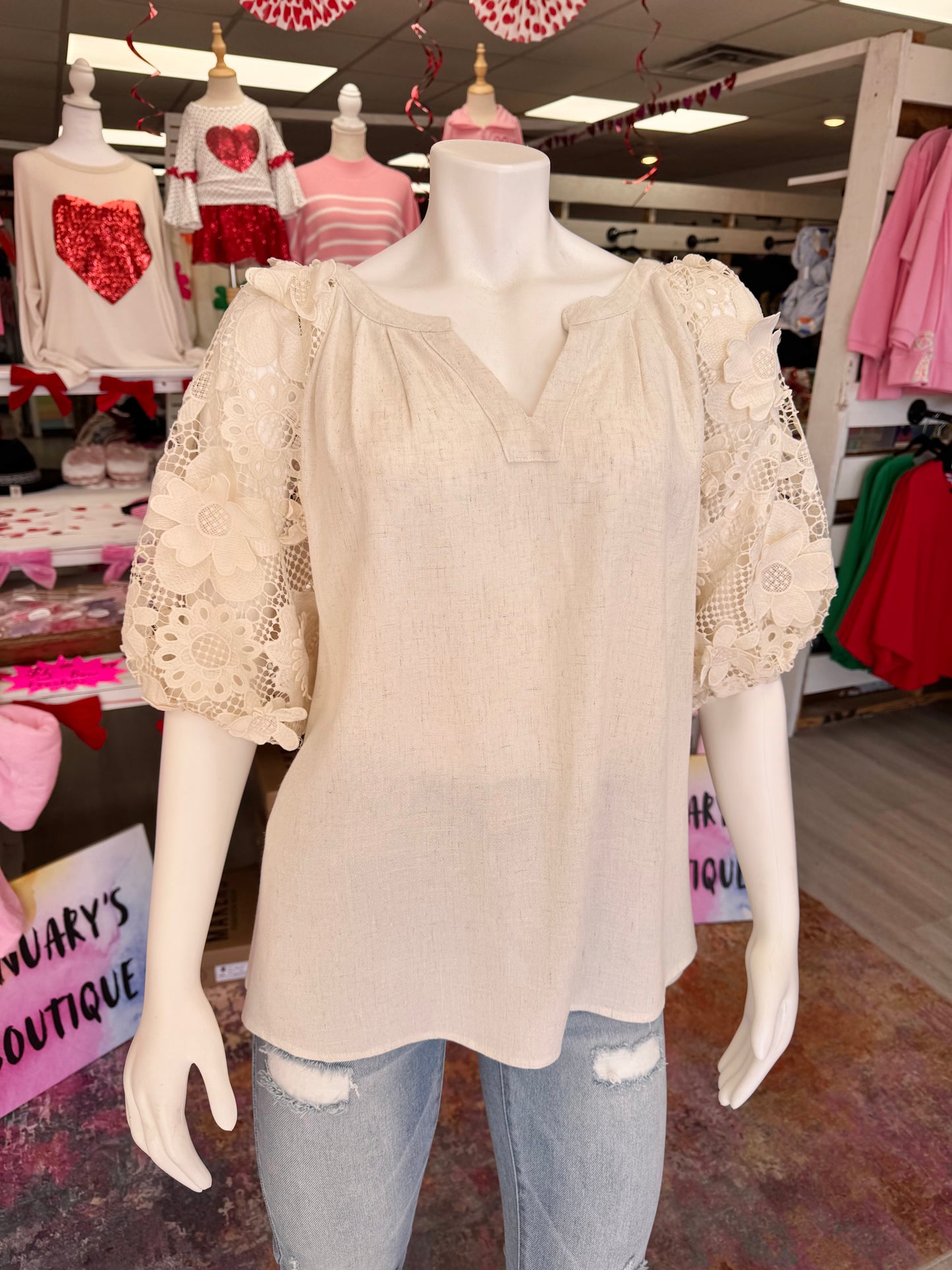 Women’s Beige Floral Sleeve Top