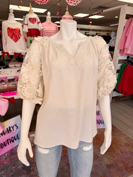 Women’s Beige Floral Sleeve Top