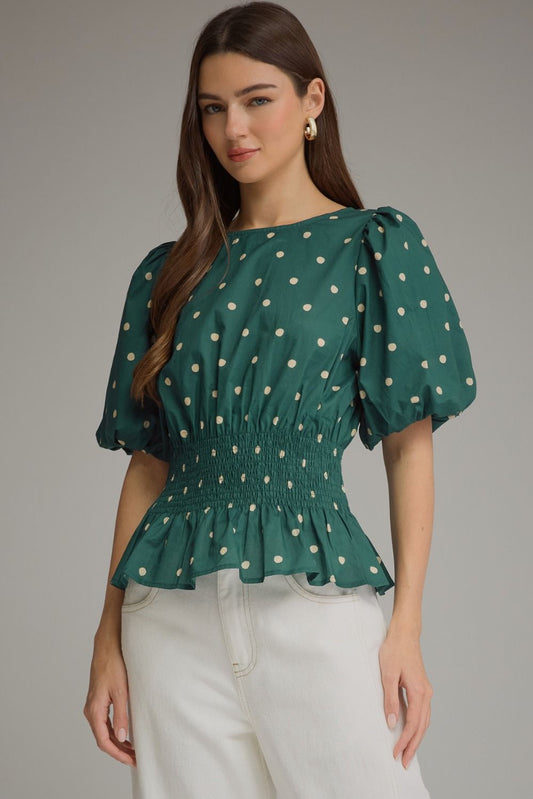 Women’s Entro Polka Dot Green Cinched Waist Top