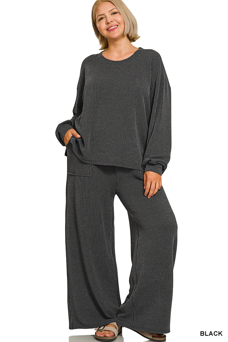 Women’s Plus Black Ribbed Pant Set