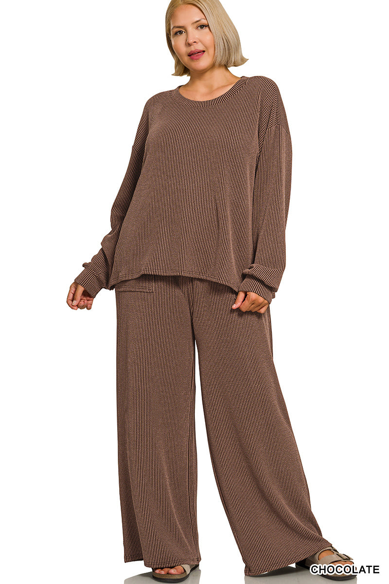 Women’s Plus Chocolate Ribbed Pant Set
