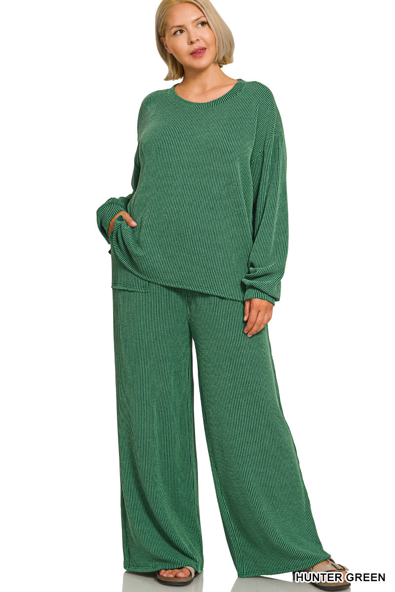Women’s Plus Hunter Green Ribbed Pant Set