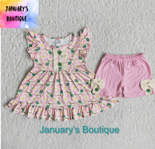 Girl's Floral Pink Ruffled Shorts Set