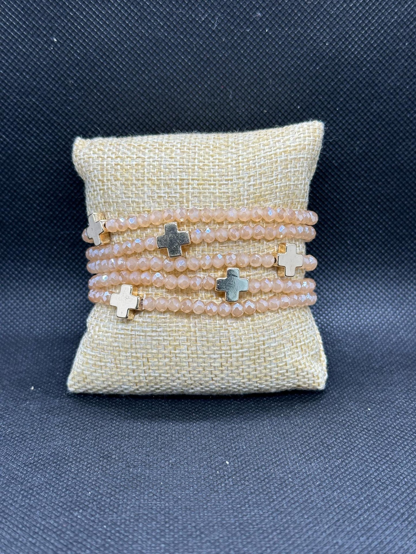 Metallic Tan Beaded with Cross Accent Bracelet Set