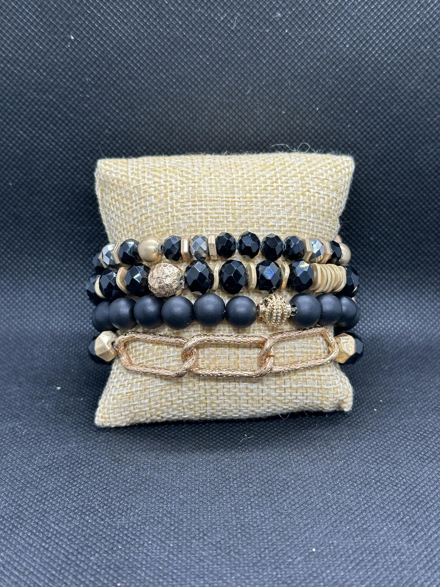 KK Black/Gold Beaded with Chain Accent Bracelet Set