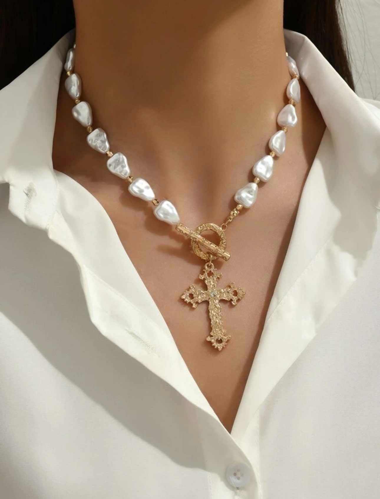 KK Filigree Cross Pearl Necklace with Toggle Clasp