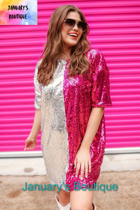Women's Pink & Silver Split Sequin Dress