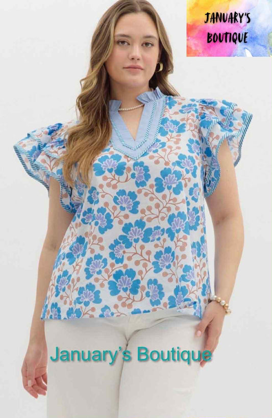 Women's Plus Entro Blue Floral Striped Top