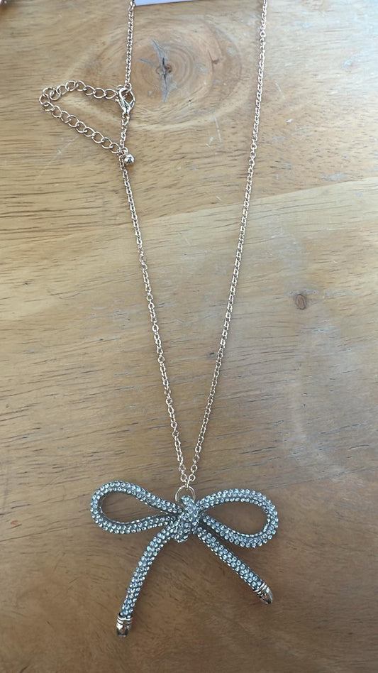 Silver Crystal Bow Necklace